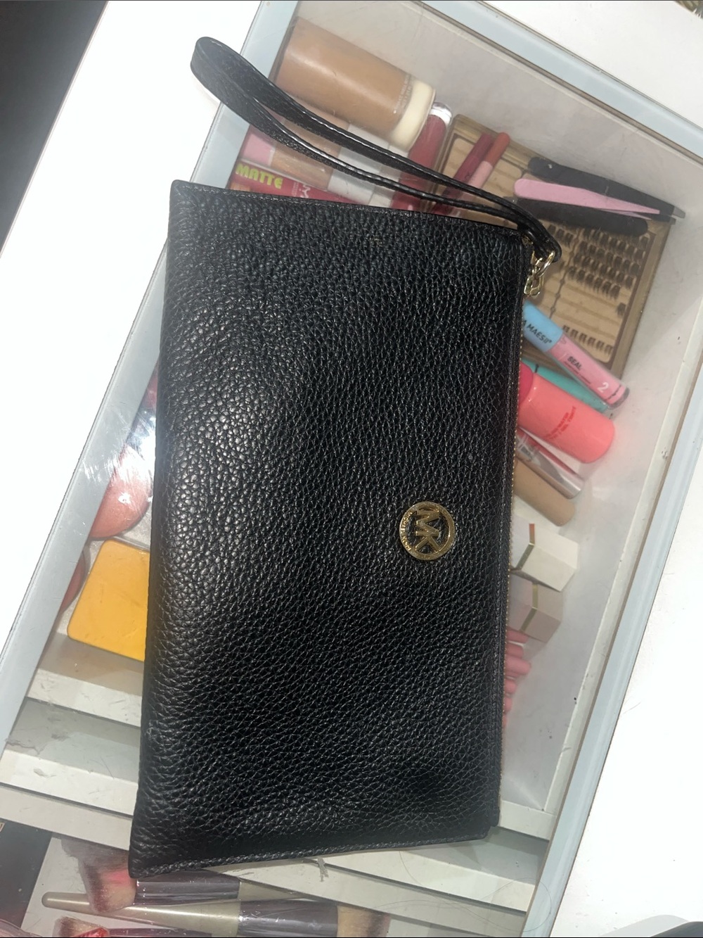 Michael Kors Black Pebbled Leather Wristlet with Gold Emblem - Picture 1 of 3